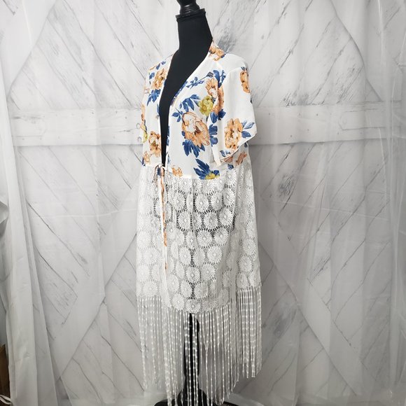 Shein Floral Lace Fringe Kimono Tie Cottage Core Boho Blouse Size 1XL - Picture 9 of 14